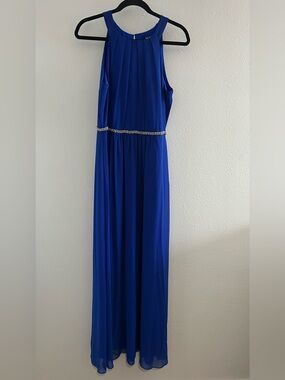 SLNY Cobalt Blue Halter Maxi Dress with Beaded Waist